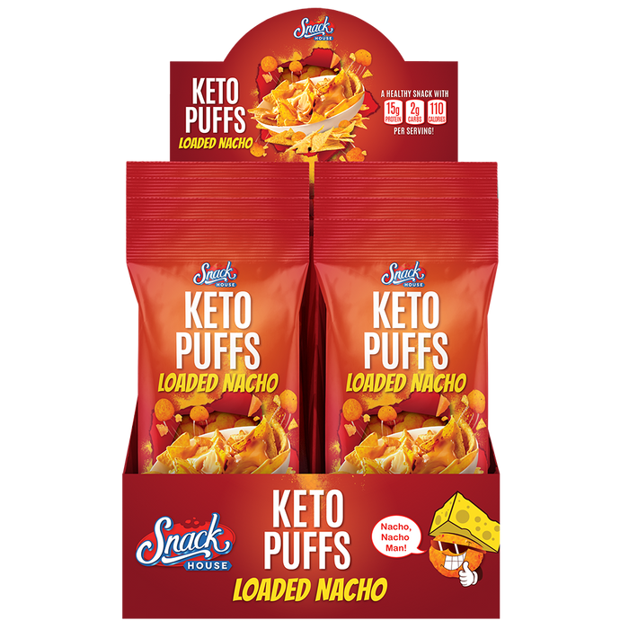Snack House Foods loaded nacho keto puffs, 15 grams protein, 2 grams carbohydrate, 110 calories, high protein, low carb, crunchy, gluten free, grain free, snack