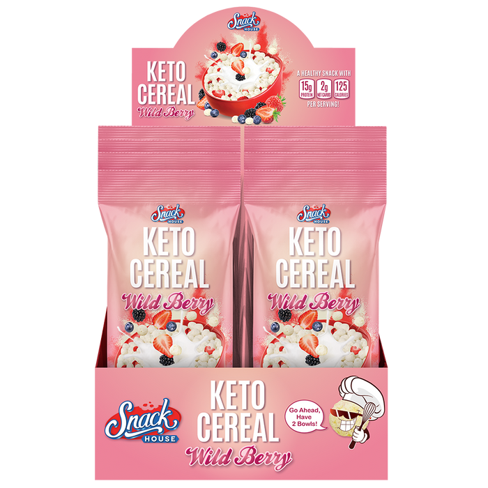 snack house foods wild berry keto cereal, 15 grams protein, 2 grams carbohydrate, 125 calories, high protein, low carb, gluten free, grain free snack