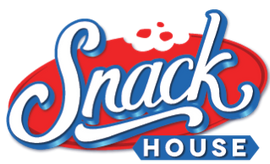 Snack House Foods Logo, with a red circular background, white "snack house" lettering, and blue outline
