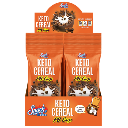 snack house foods pbcup keto cereal, 15 gram protein, 2 grams carbs, 135 calories, high protein snack, low carb, gluten free, grain free cereal.