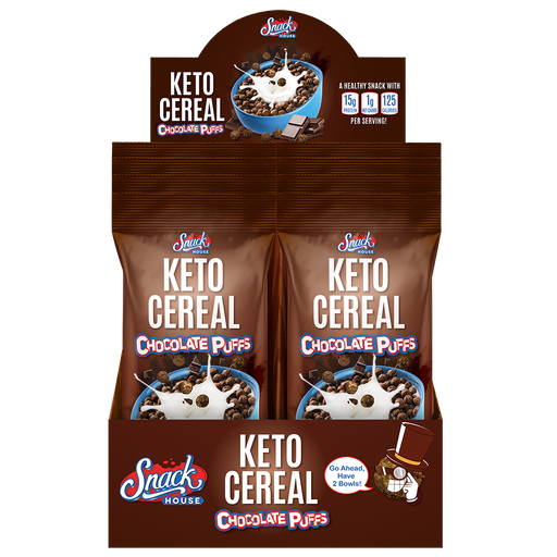 Snack house foods chocolate puffs keto cereal, 15 grams protein, 1 gram carbohydrate, 125 calories, high protein, low carb, gluten free, grain free, snack