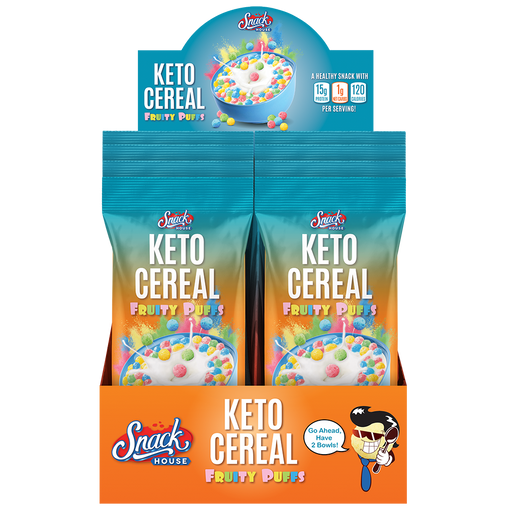 Snack House Foods Fruity Puffs Keto Cereal, 15 grams protein, 1 gram sugar, 120 calories, high protein, low carb, protein snack