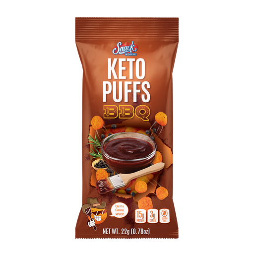 Snack House Foods Keto Puffs BBQ Flavor. Western BBQ, Carolina BBQ, High Protein, Low Carb, Keto, Gluten Free, Crunchy, Healthy, Healthy Snack, Delicious Snack, Chip Replacement.