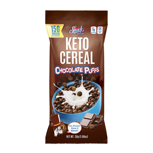 Snack House Foods Chocolate Puffs Keto Cereal, high protein, low carbohydrate, keto friendly, keto snack, gluten free, scratch made chocolate, healthy cereal, high protein, delicious, crunchy, cereal.