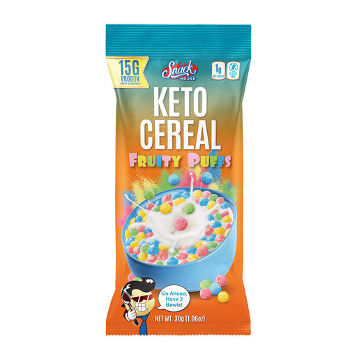 Snack House Foods Fruity Puffs Keto Cereal, high protein, low carbohydrate, gluten free, healthy breakfast cereal, fruity pebbles flavor, fruit loops flavor, fruity cereal