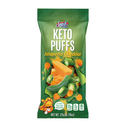 Snack House Foods Keto Puffs Jalapeno Cheddar Flavor, high protein, low carbohydrate, gluten free, spicy, cheesy, crunchy, healthy snack, keto snack