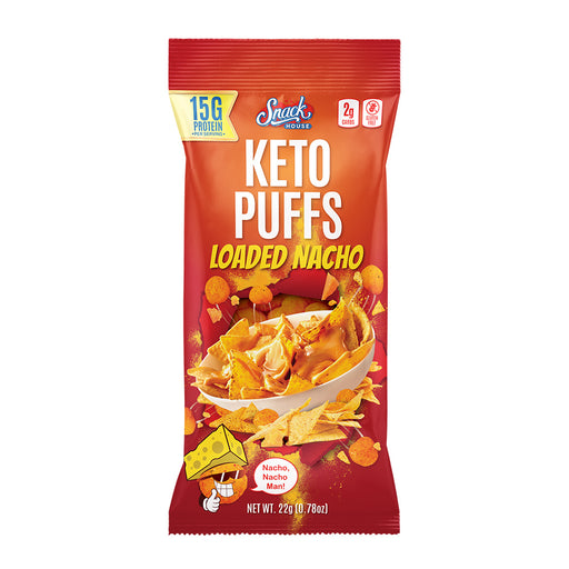 Snack House Foods Loaded Nacho Keto Puffs, high protein, low carbohydrate, gluten free, doritos nacho cheese, healthy chip replacement, keto snack, healthy snack, cheesy nacho snack