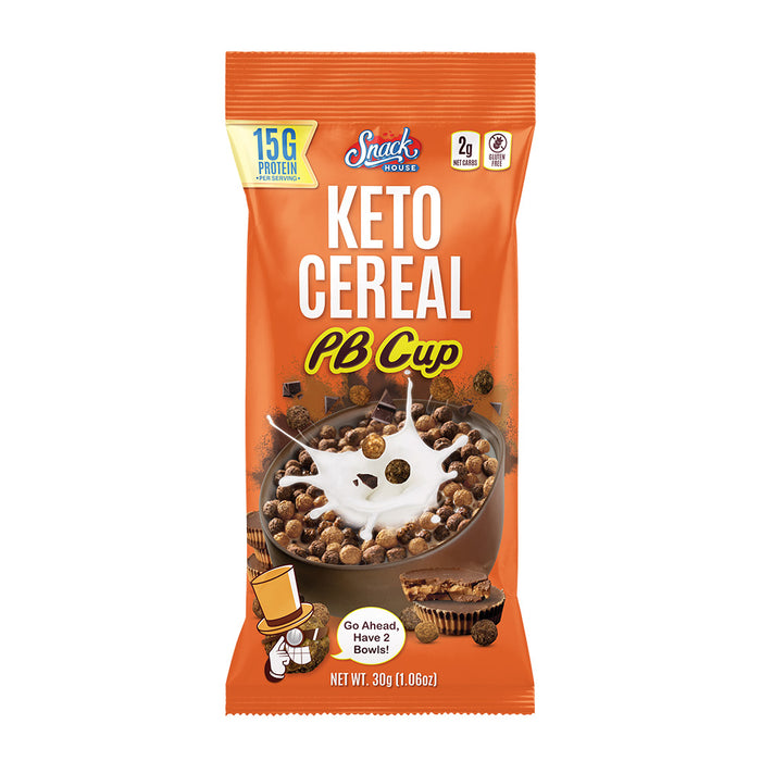 Snack House Foods PB Cup Keto Cereal, high protein, low carbohydrate, gluten free, healthy breakfast cereal, reeses puffs, peanut butter cup, protein cereal, natural peanut butter and chocolate flavor