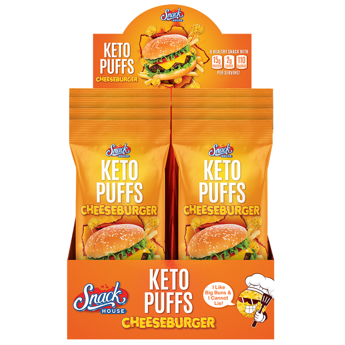 Snack House Foods Keto Puffs Cheeseburger Flavor. Burger King Whopper, Smash Burger, High Protein, Low Carb, Keto, Gluten Free, Crunchy, Healthy, Healthy Snack, Delicious Snack, Chip Replacement.