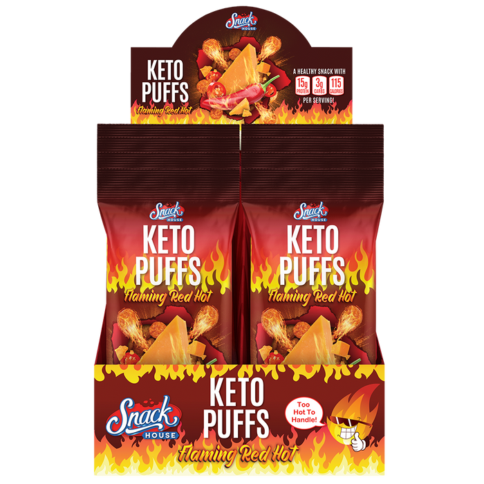 Snack House Foods Flaming Red Hot Keto Puffs, high protein, low carbohydrate, gluten free, flaming hot cheetos, takis, healthy, chip replacement, spicy cheese flavor, puffed snack