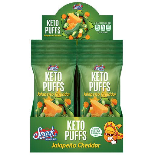 Snack House Foods Keto Puffs Jalapeno Cheddar Flavor, high protein, low carbohydrate, gluten free, spicy, cheesy, crunchy, healthy snack, keto snack
